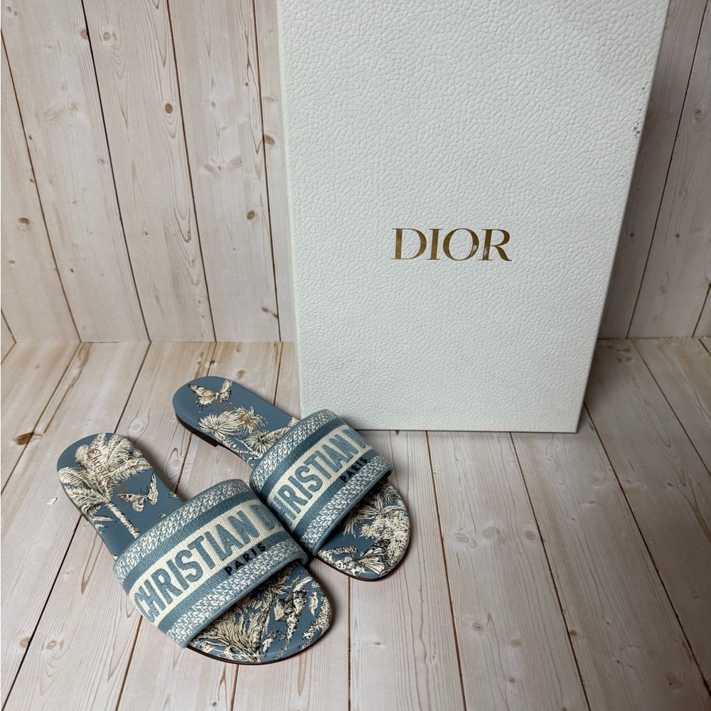 Christian Dior Canvas TDJ Palm Embroidered Dway Slide Sandals Blue Sz 35.5 / 5.5 - Picture 2 of 15